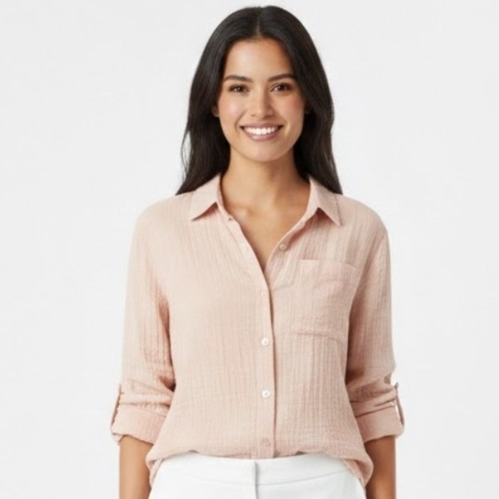 SIM & SAM Women Gauze Shirt L Peach Button‎ Down Long Sleeve Casual Beach Resort